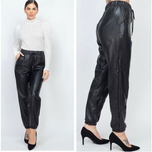High waisted faux leather vegan jogger pants